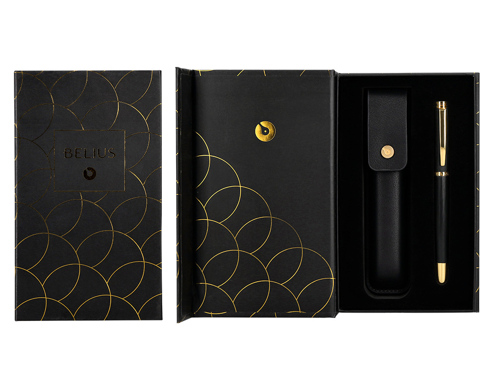STYLO-PLUME ET ETUI EN SIMILI CUIR BELIUS PASSION ALUMINIUM BROSSE ATTRIBUTS OR ENCRE BLEUE COLORIS NOIR COFFRET CADEAU