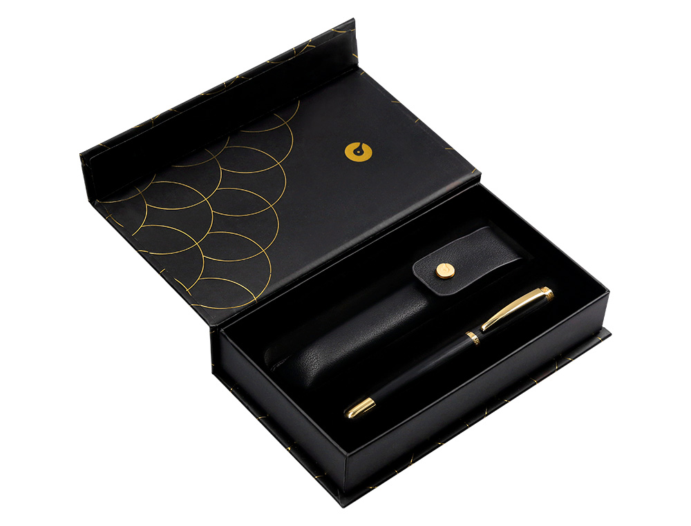STYLO-PLUME ET ETUI EN SIMILI CUIR BELIUS PASSION ALUMINIUM BROSSE ATTRIBUTS OR ENCRE BLEUE COLORIS NOIR COFFRET CADEAU