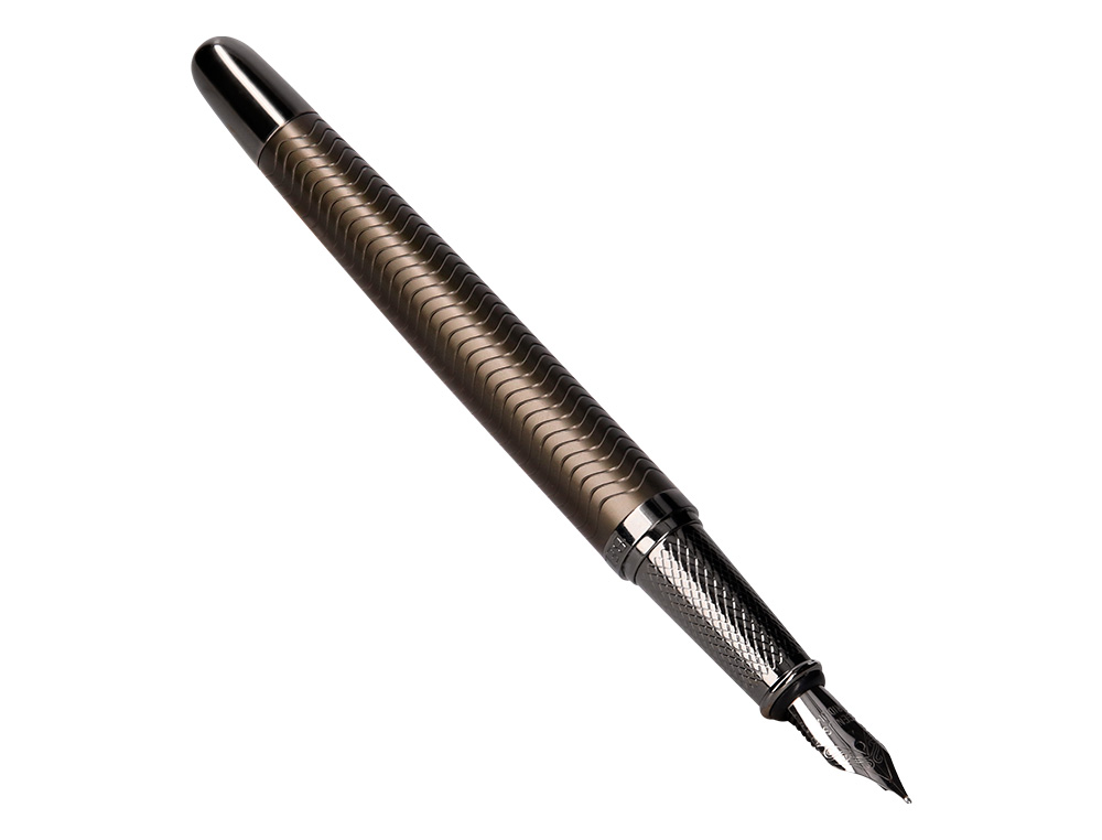 STYLO-PLUME BELIUS NEPTUNO ALUMINIUM TEXTURE ONDULEE ATTRIBUTS GUN ENCRE BLEUE COLORIS KAKI DANS COFFRET CADEAU