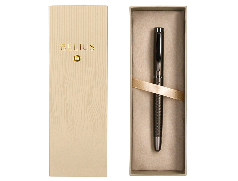 STYLO-PLUME BELIUS NEPTUNO ALUMINIUM TEXTURE ONDULEE ATTRIBUTS GUN ENCRE BLEUE COLORIS KAKI DANS COFFRET CADEAU