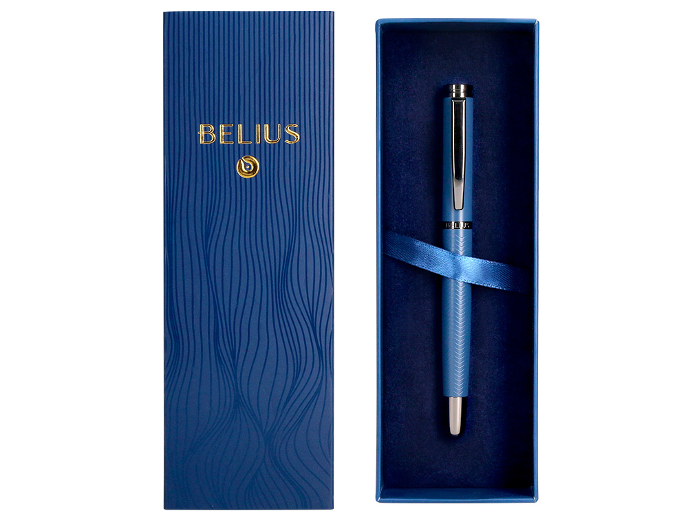 STYLO-BILLE BELIUS NEPTUNO ALUMINIUM TEXTURE ONDULEE ATTRIBUTS GUN ENCRE BLEUE COLORIS BLEU MARINE DANS COFFRET CADEAU