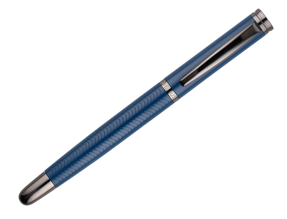 STYLO-BILLE BELIUS NEPTUNO ALUMINIUM TEXTURE ONDULEE ATTRIBUTS GUN ENCRE BLEUE COLORIS BLEU MARINE DANS COFFRET CADEAU