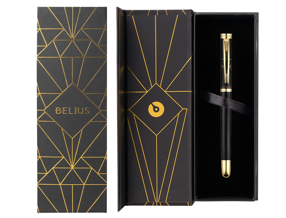 STYLO-PLUME BELIUS SOIREE ALUMINIUM DETAILS ET ATTRIBUTS OR ENCRE BLEUE COLORIS NOIR DANS COFFRET CADEAU