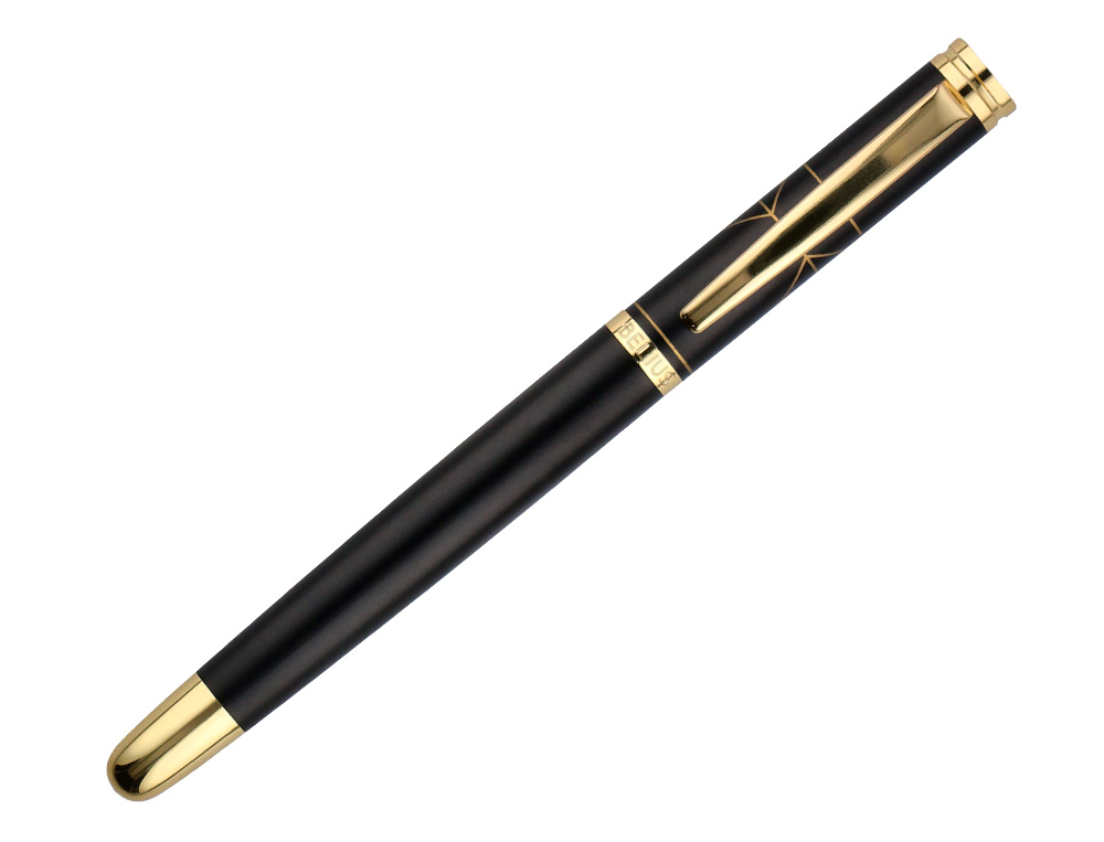 STYLO-PLUME BELIUS SOIREE ALUMINIUM DETAILS ET ATTRIBUTS OR ENCRE BLEUE COLORIS NOIR DANS COFFRET CADEAU