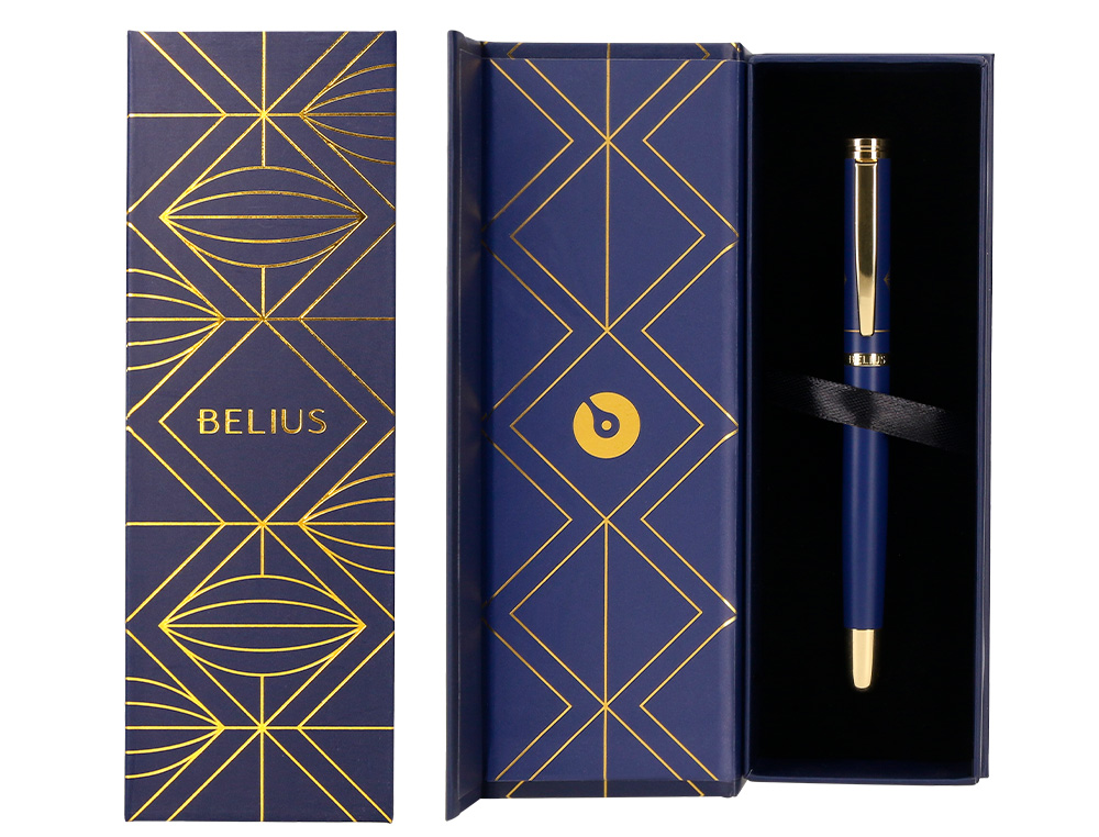 STYLO-PLUME BELIUS SOIREE ALUMINIUM DETAILS ET ATTRIBUTS OR ENCRE BLEUE COLORIS BLEU MARINE DANS COFFRET CADEAU