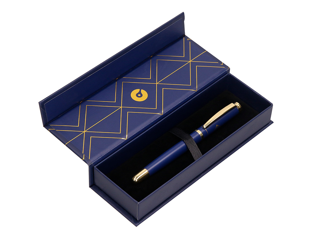 STYLO-PLUME BELIUS SOIREE ALUMINIUM DETAILS ET ATTRIBUTS OR ENCRE BLEUE COLORIS BLEU MARINE DANS COFFRET CADEAU
