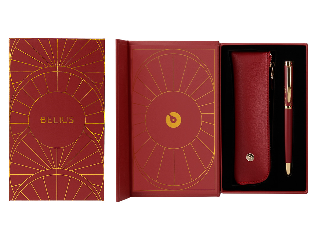 STYLO-PLUME ET ETUI SIMILI CUIR BELIUS SOIREE ALUM. DETAILS ET ATTRIBUTS OR ENCRE BLEUE COLORIS BORDEAUX COFFRET CADEAU
