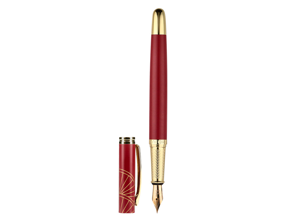 STYLO-PLUME ET ETUI SIMILI CUIR BELIUS SOIREE ALUM. DETAILS ET ATTRIBUTS OR ENCRE BLEUE COLORIS BORDEAUX COFFRET CADEAU
