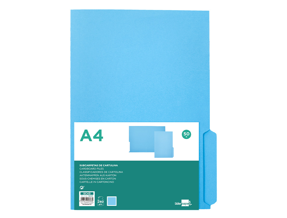 SOUS-CHEMISE LIDERPAPEL PAPIER CARTONNE 240G/M2 DOCUMENT A4 ONGLET INFERIEUR COLORIS BLEU