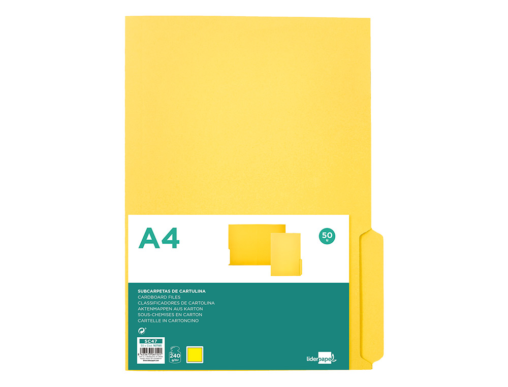 SOUS-CHEMISE LIDERPAPEL PAPIER CARTONNE 240G/M2       DOCUMENT A4 ONGLET INFERIEUR  COLORIS JAUNE