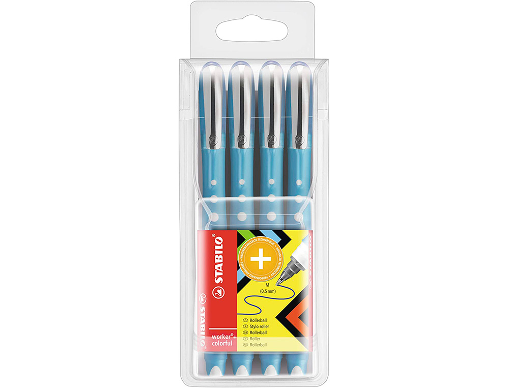 ROLLER STABILO WORKER COLORFUL POINTE EN METAL      CORPS PLASTIQUE ENCRE LIQUIDE POCHETTE DE 4U