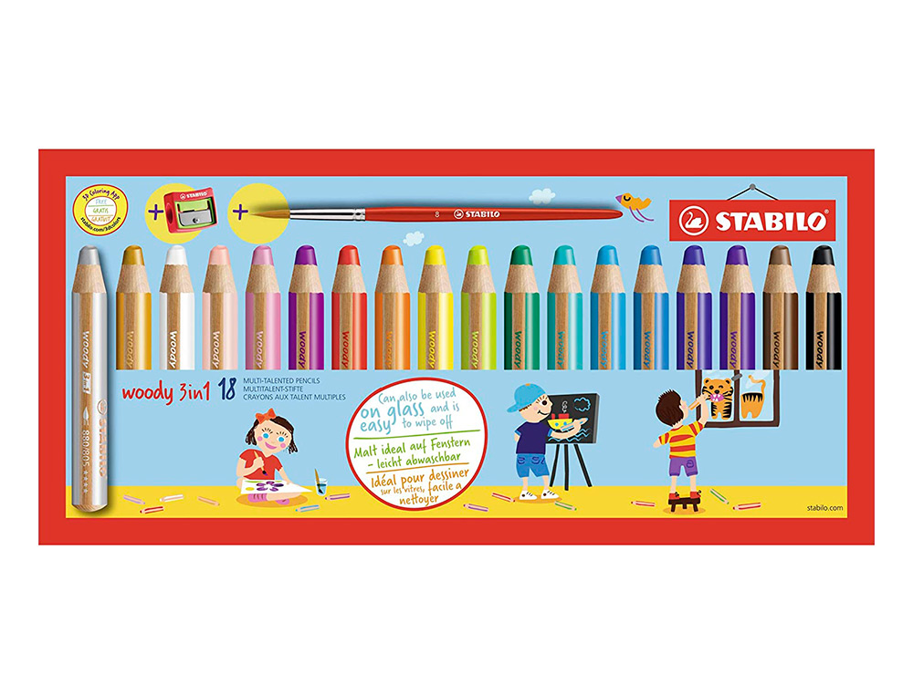 CRAYON COULEUR STABILO WOODY MULTI TALENT 18 CRAYONS 3 EN  1 ARTY +1 PINCEAU ROND TAILLE 8 + 1 TAILLE CRAYON