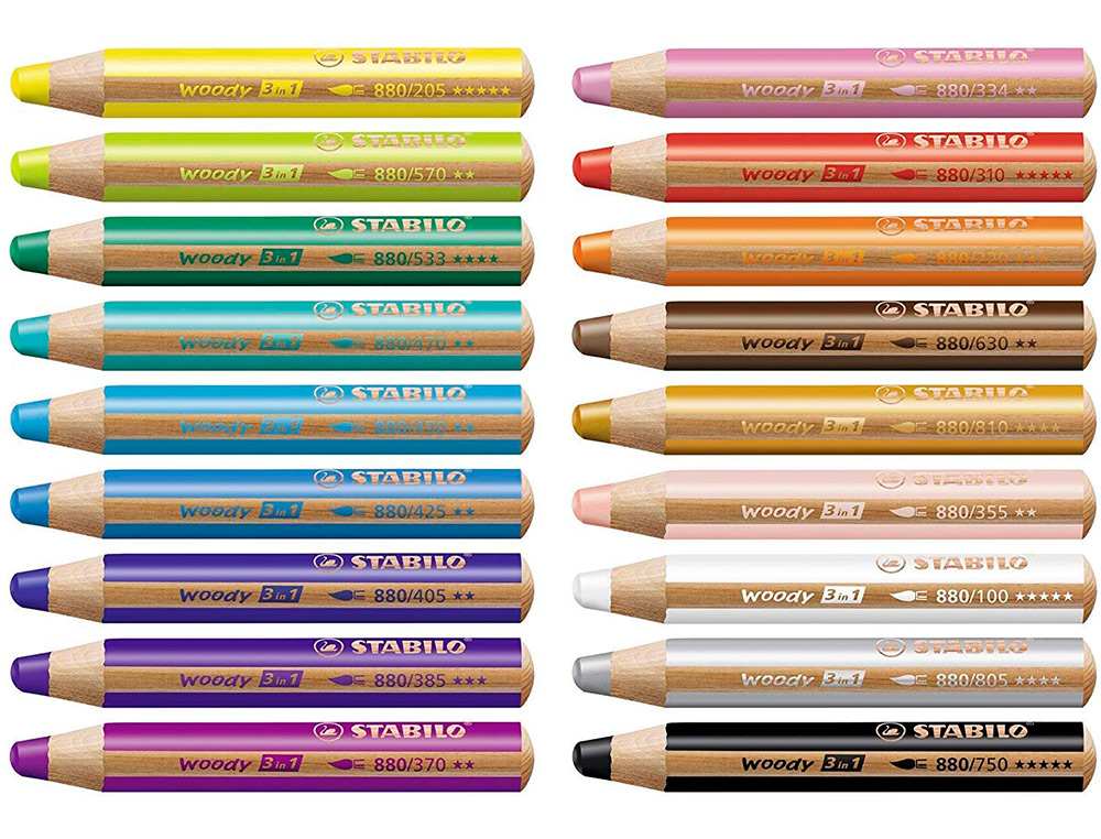 CRAYON COULEUR STABILO WOODY MULTI TALENT 18 CRAYONS 3 EN  1 ARTY +1 PINCEAU ROND TAILLE 8 + 1 TAILLE CRAYON