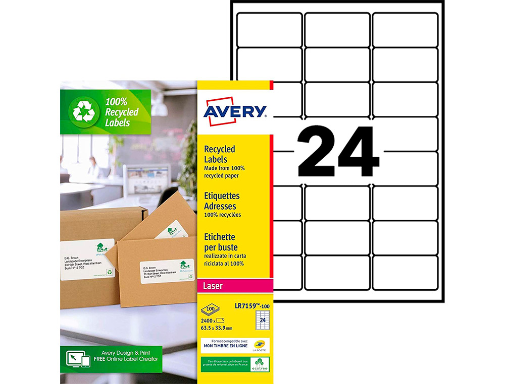 ETIQUETTE AUTOCOLLANTE AVERY ADRESSE RECYCLEE LASER BLANC  63,5 X 33,9 MM BOITE DE 2400