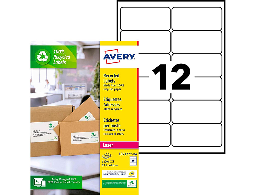 ETIQUETTE AUTOCOLLANTE AVERY ADRESSE RECYCLEE LASER BLANC  99,1 X 42,3MM BOITE DE 1200