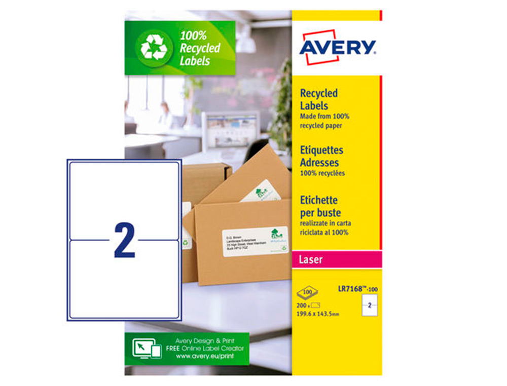 ETIQUETTE AUTOCOLLANTE AVERY ADRESSE RECYCLEE LASER        BLANC199,6 X 143,5 MM BOITE   DE 200