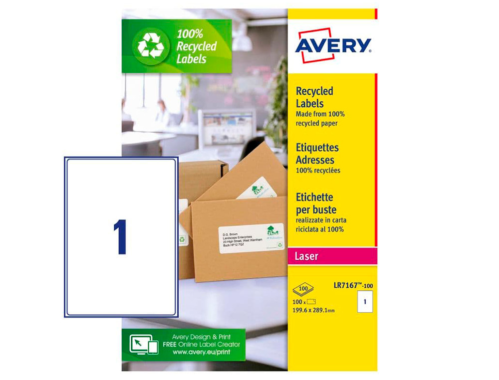 ETIQUETTE AUTOCOLLANTE AVERY ADRESSE RECYCLEE LASER BLANC  199,6 X 289,1 MM BOITE DE 100