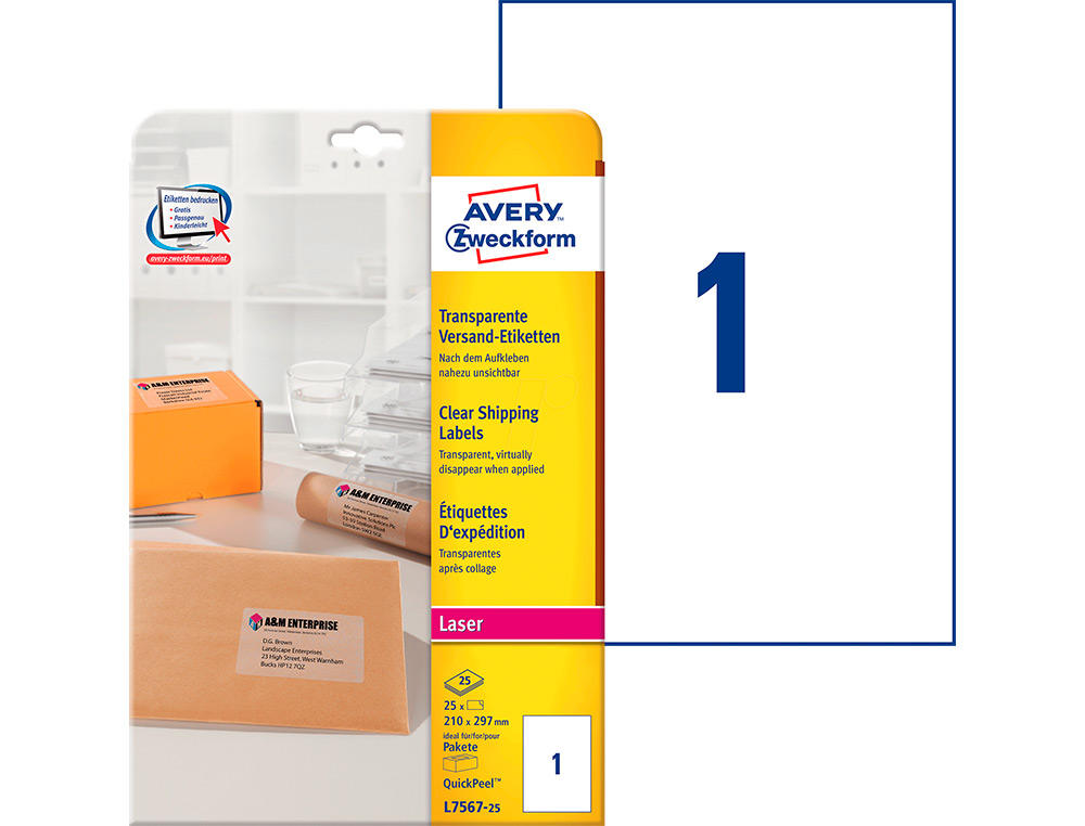 ETIQUETTE AUTOCOLLANTE AVERY EXPEDITION LASER              TRANSPARENT210 X 297 MM BOITE DE 25