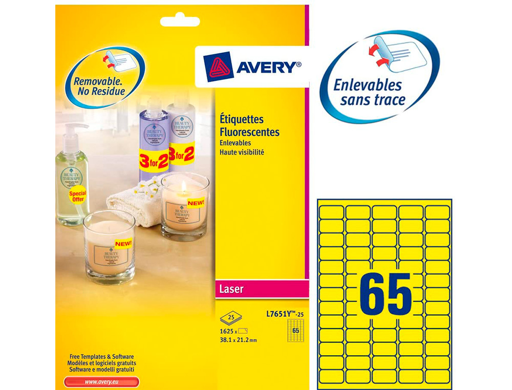 ETIQUETTE AVERY FLUORESCENTE LASER JAUNE 38,1 X 21,2MM     BOITE DE 1625