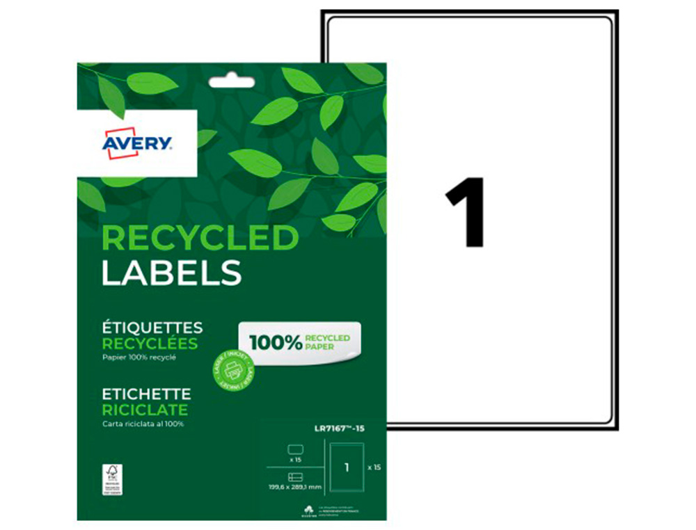 ETIQUETTE AUTOCOLLANTE AVERY ADRESSE RECYCLEE LASER BLANC  199,6 X 289,1MM BOITE DDE 15