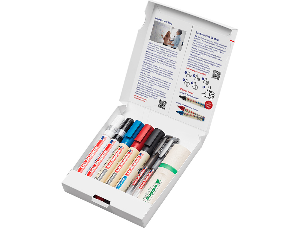 ETUI EDDING 8 STYLOS ASSORTIS 2 FEUTRES POUR VERRE, 2       FEUTRES EFFAÇABLE, 1 MARQUEUR CHEVALET , 2 STYLOS GEL, 1