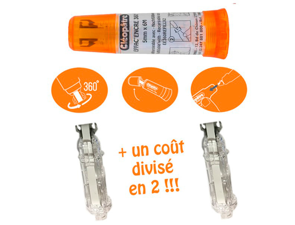 EFFACEUR D'ENCRE CLEOPATRE CORRECTEUR RECHARGEABLE AVEC  TETE ROTATIVE 360  .          DIMENSION 6M X5 MM