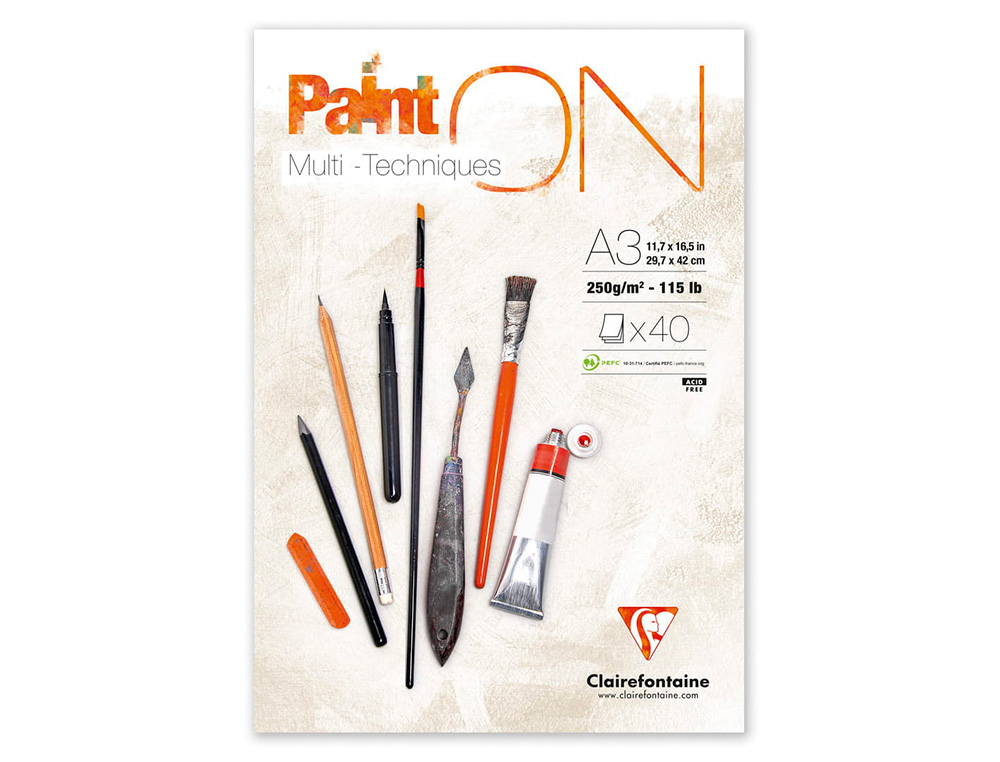 BLOC DE DESSIN ENCOLLE CLAIREFONTAINE PAINT'ON.      PAPIER MULTI TECHNIQUE 250G   EXTRA BLANC. FORMAT A 3 29,7