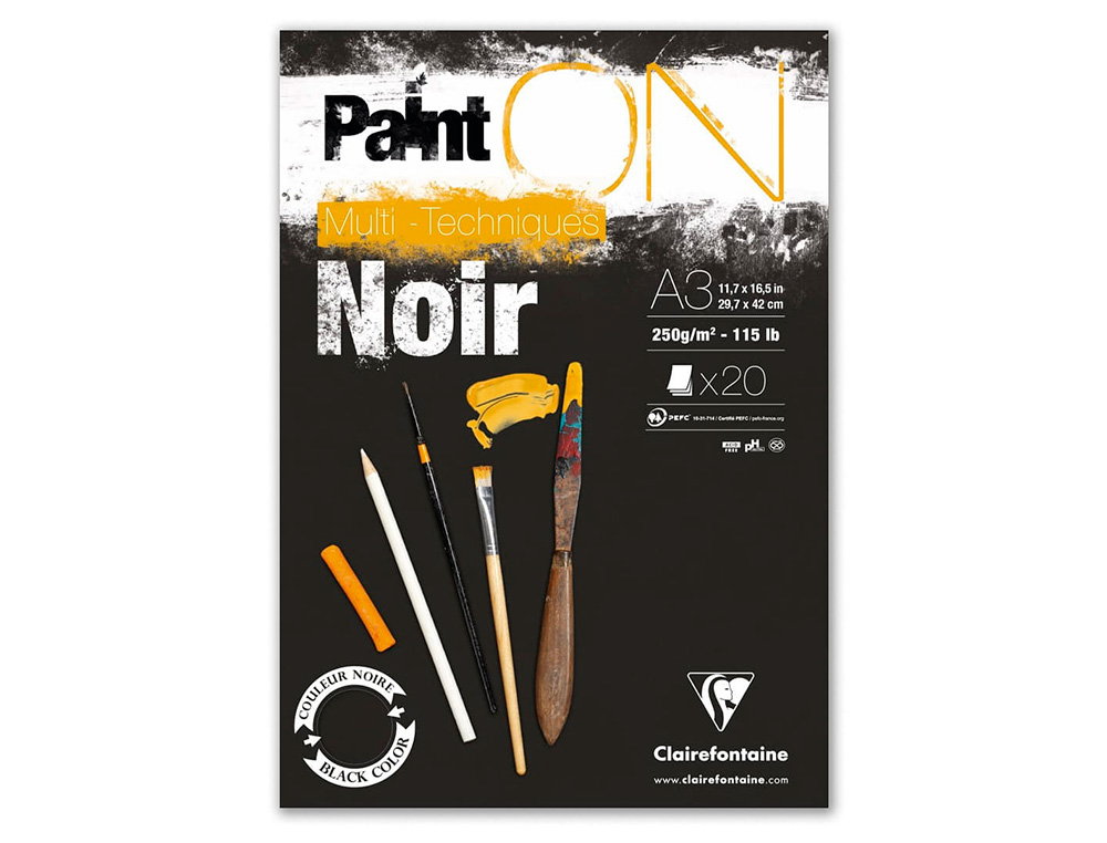 BLOC DE DESSIN ENCOLLE CLAIREFONTAINE PAINT'ON.      PAPIER MULTI TECHNIQUE 250G   NOIR. FORMAT A3 29,7 X 42CM