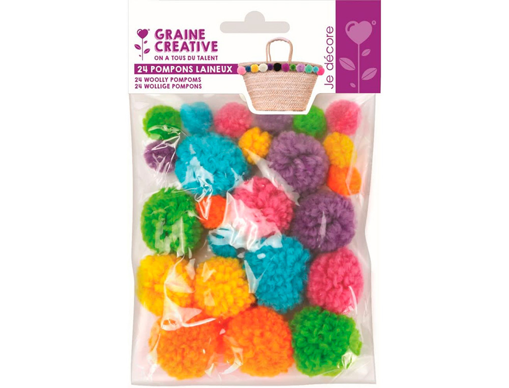 POMPON GRAINE CREATIVE POLYESTER DIAMETRE 15MM 30MM  ASS COLORIS ARC EN CIEL       SACHET DE 24U