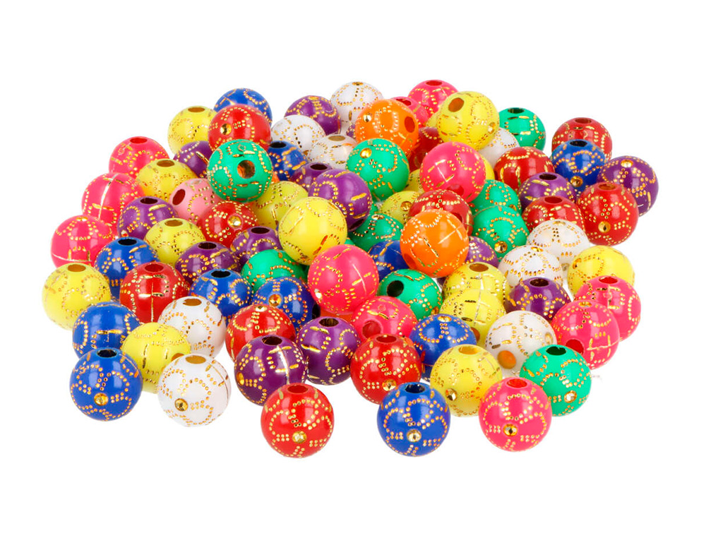 PERLE EN PLASTIQUE RONDE MULTICOLORE ORIENTALE DECOR DORE DIAMETRE 10MM BOCAL DE 400U
