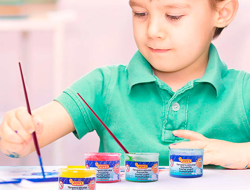 GOUACHE SCOLAIRE JOVI A BASE D'EAU COULEUR ASSORTIES 6     POTS DE 35 ML + PINCEAU+ POT  POUR L'EAU