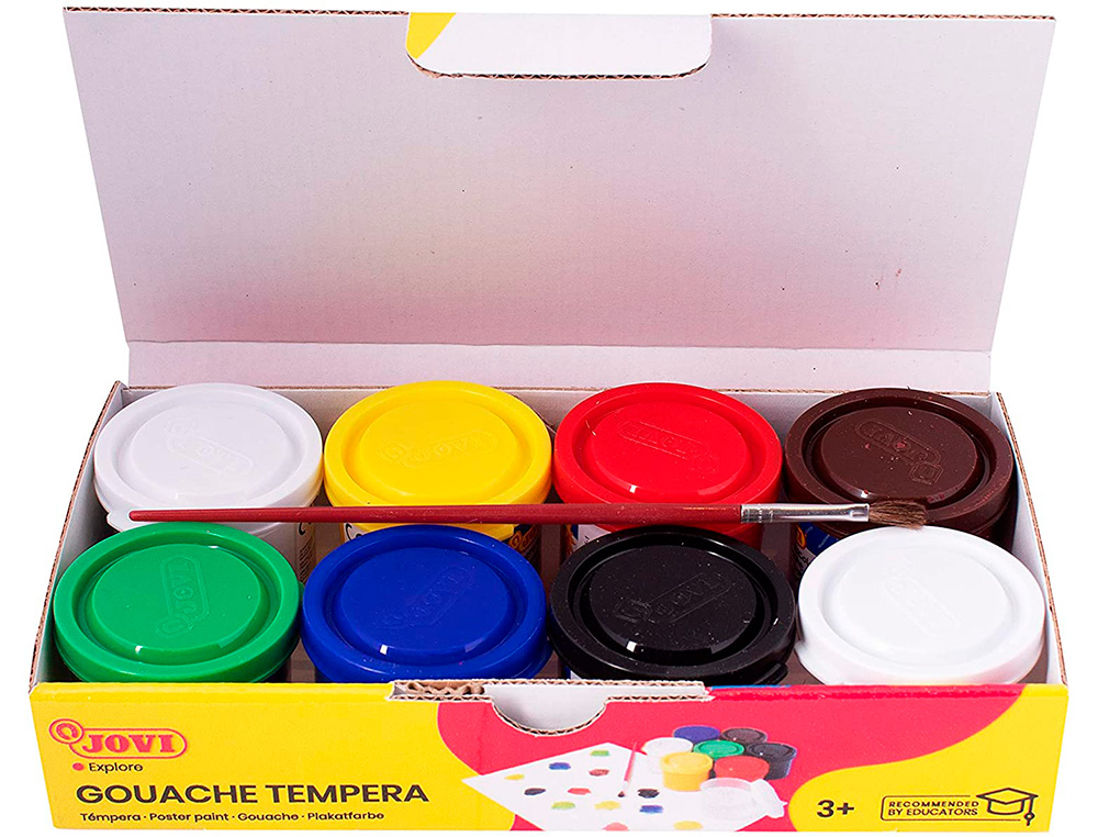 GOUACHE SCOLAIRE JOVI A BASE D'EAU COULEUR ASSORTIES 6     POTS DE 35 ML + PINCEAU+ POT  POUR L'EAU