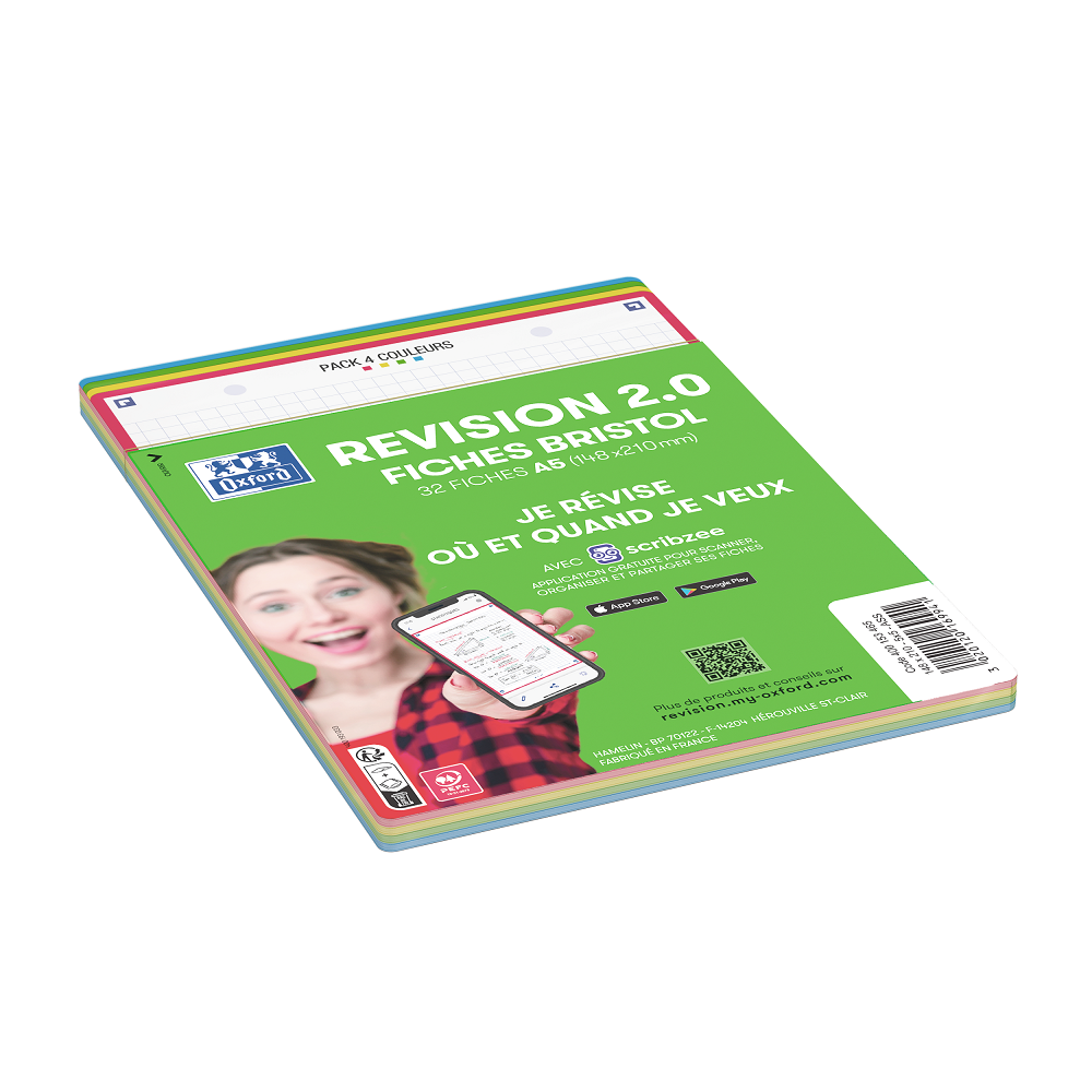 FICHES BRISTOL OXFORD REVISION 2.0 A5 PERFOREE 32   FICHES/FILM Q5X5 COULEUR      ASSORTIES