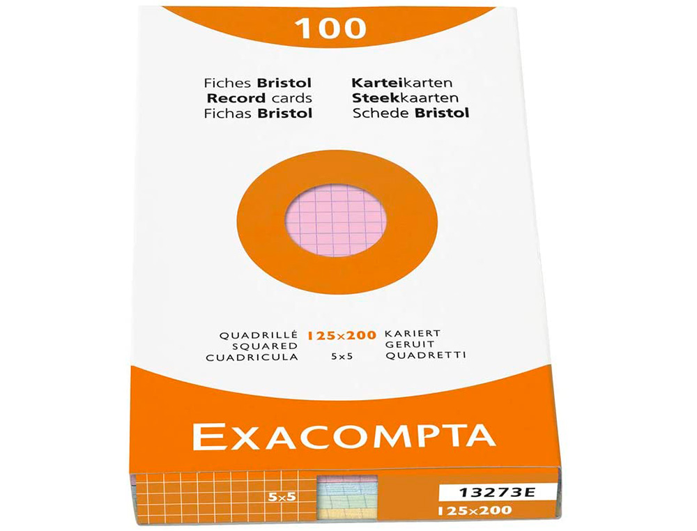 ETUI 100 FICHES EXACOMPTA BRISTOL QUADRILLEE 5X5 NON PERFOREE ASSORTIS 125X200MM