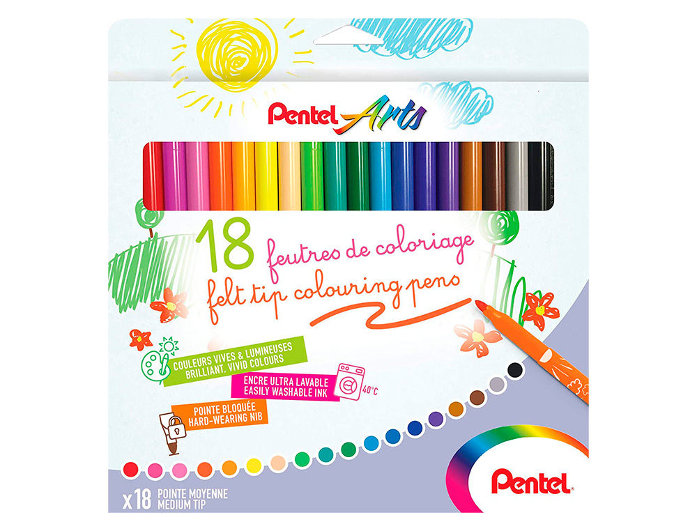 BOITE DE 18 FEUTRES DE COLORIAGE PENTAL ENCRE ULTRA  LAVABLE POINTE MOYENNE 3,9MM