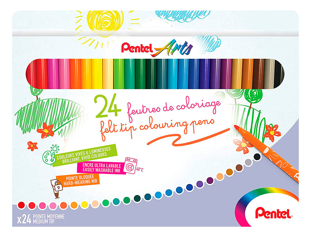 BOITE DE 24 FEUTRES DE COLORIAGE PENTAL ENCRE ULTRA  LAVABLE POINTE MOYENNE 3,9MM