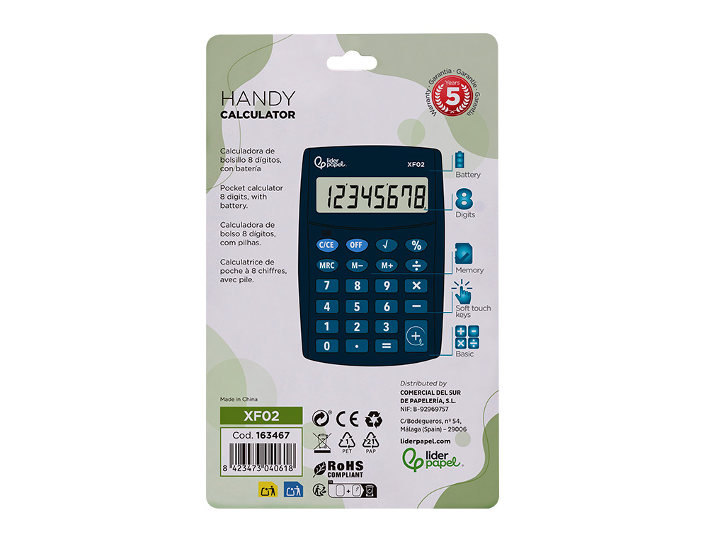 CALCULATRICE DE POCHE LIDERPAPEL XF02 8 CHIFFRES    AVEC PILE 99X64X9 MM COLORIS  BLEU