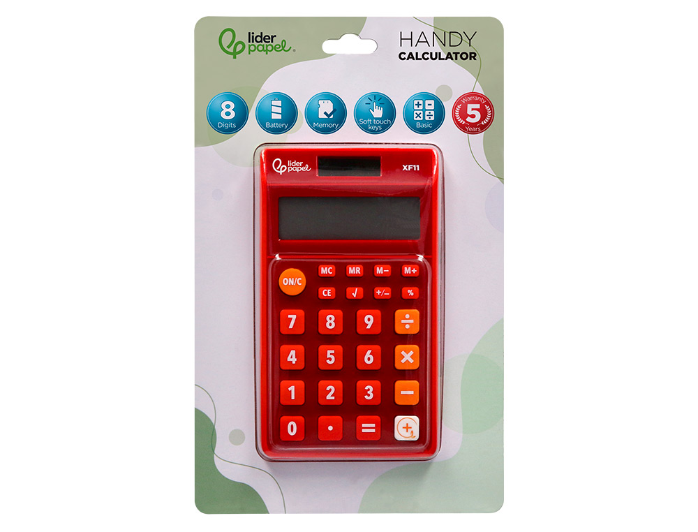 CALCULATRICE DE POCHE LIDERPAPEL XF11 8 CHIFFRES    SOLAIRE ET PILES 115X65X8 MM  COLORIS ROUGE