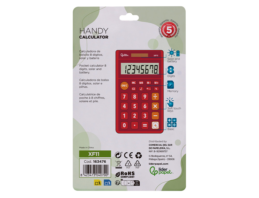 CALCULATRICE DE POCHE LIDERPAPEL XF11 8 CHIFFRES    SOLAIRE ET PILES 115X65X8 MM  COLORIS ROUGE