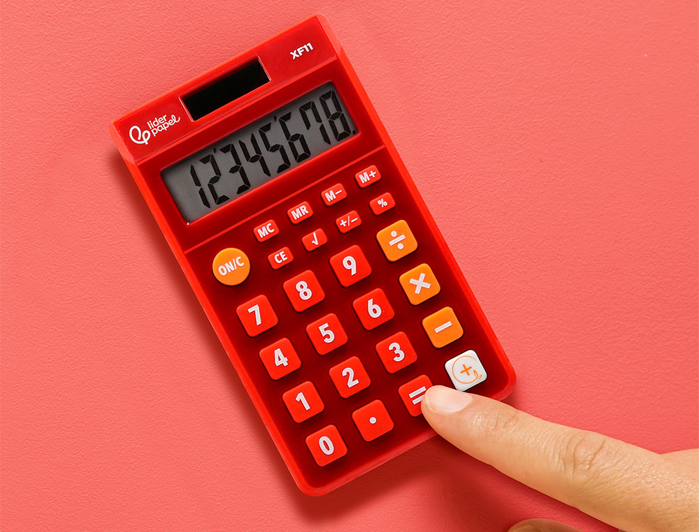 CALCULATRICE DE POCHE LIDERPAPEL XF11 8 CHIFFRES    SOLAIRE ET PILES 115X65X8 MM  COLORIS ROUGE