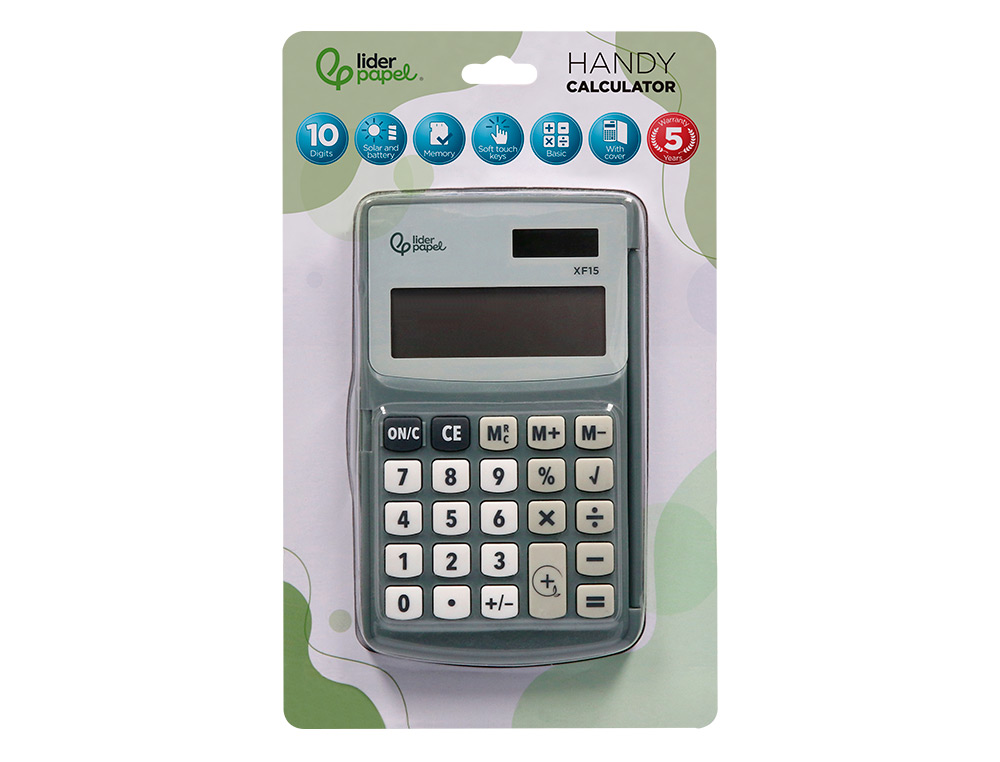 CALCULATRICE LIDERPAPEL DE POCHE XF15 10 CHIFFRES AVEC   COUVERCLE SOLAIRE ET PILES    COLORIS GRIS 123X75X12 MM