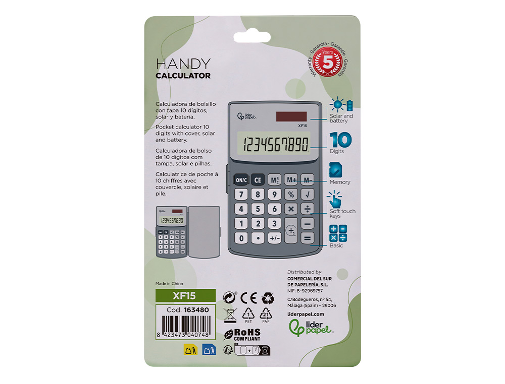 CALCULATRICE LIDERPAPEL DE POCHE XF15 10 CHIFFRES AVEC   COUVERCLE SOLAIRE ET PILES    COLORIS GRIS 123X75X12 MM