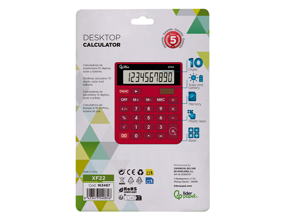 CALCULATRICE DE BUREAU LIDERPAPEL XF22 10 CHIFFRES   SOLAIRE ET PILES 127X105X24   MM COLORIS ROUGE