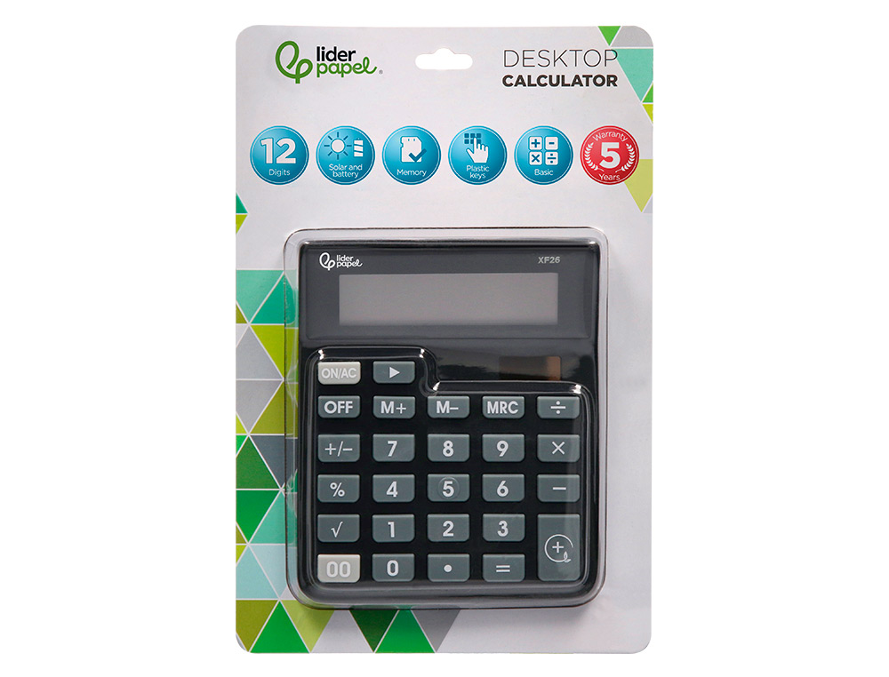 CALCULATRICE DE BUREAU LIDERPAPEL XF26 12 CHIFFRES   SOLAIRE ET PILES 127X105X24   MM COLORIS NOIR