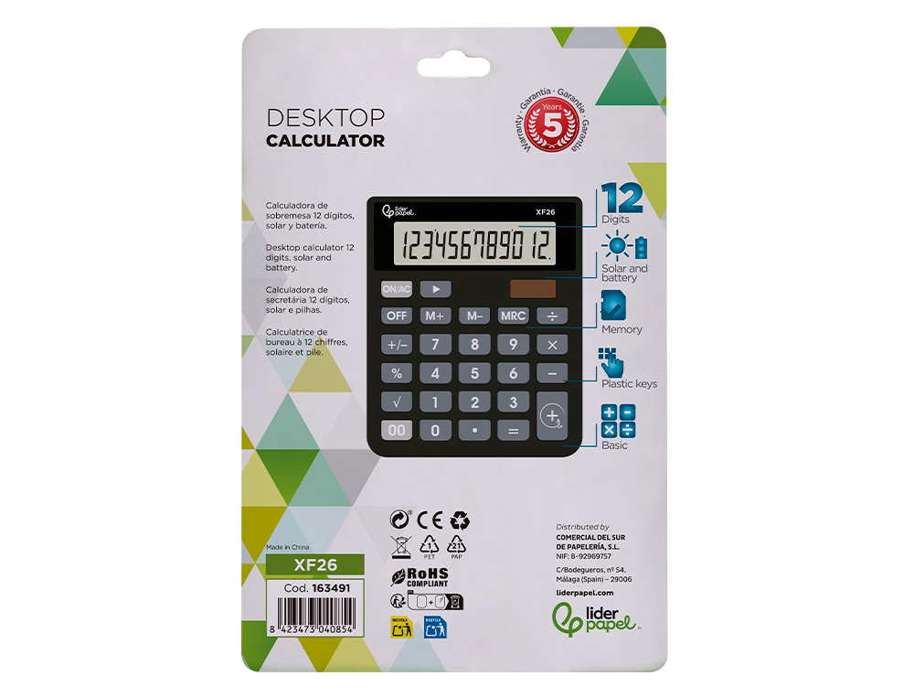CALCULATRICE DE BUREAU LIDERPAPEL XF26 12 CHIFFRES   SOLAIRE ET PILES 127X105X24   MM COLORIS NOIR