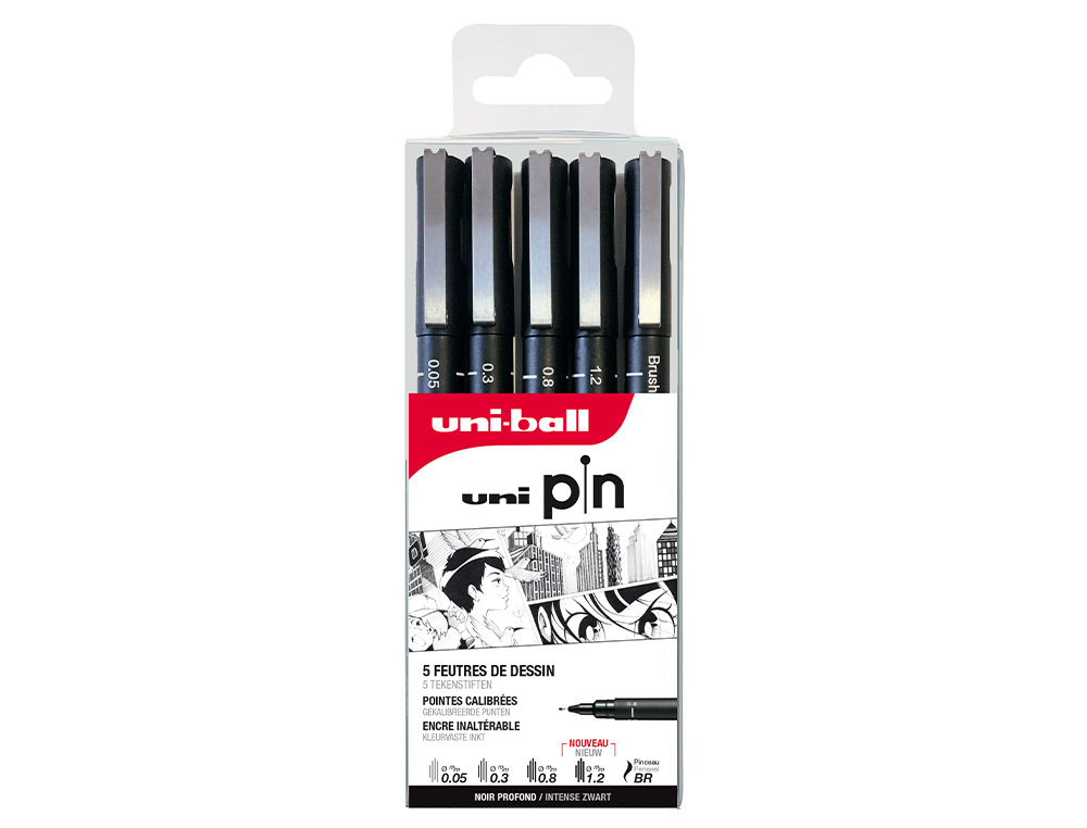POCHETTE UNI-BALL 5 FEUTRES POINTE CALIBREE 0.05 BR       COLORIS NOIR
