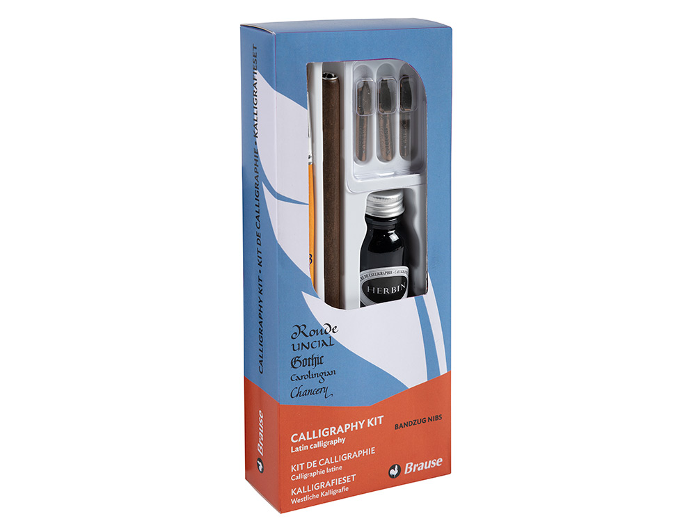 COFFRET PLUMES-CALLIGRAPHIE BRAUSE COMPOS  DE 1 PLUME EN  BOIS 3 PLUMES 1 PINCEAU 1     FLACON D'ENCRE NOIRE 15ML