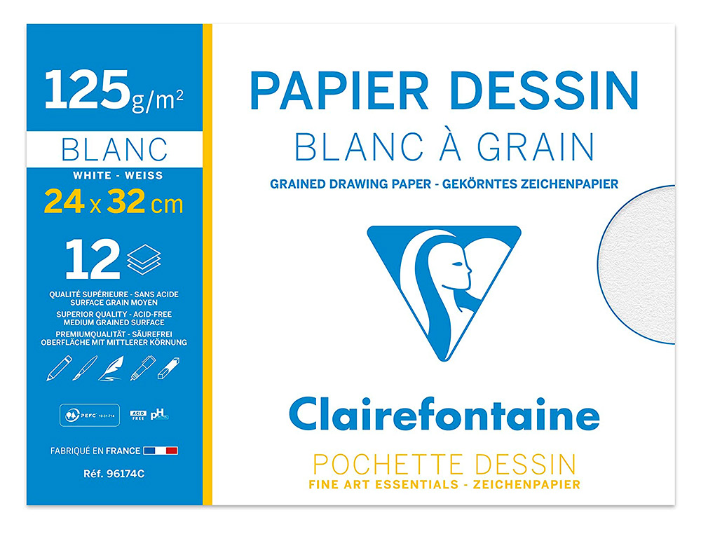 POCHETTE DESSIN   GRAIN CLAIREFONTAINE BLANC 125GR    24X32CM 12F