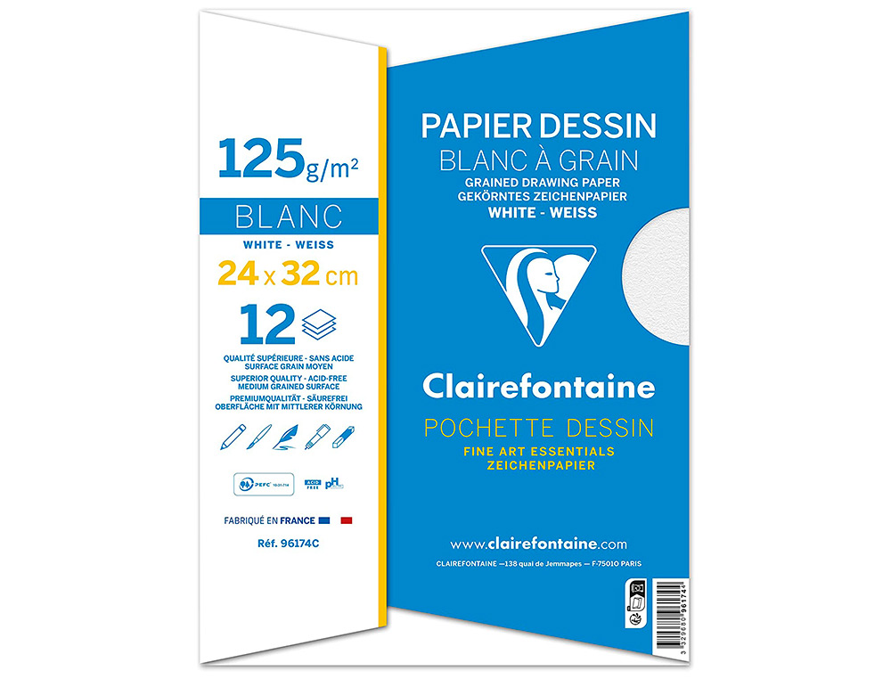 POCHETTE DESSIN   GRAIN CLAIREFONTAINE BLANC 125GR    24X32CM 12F
