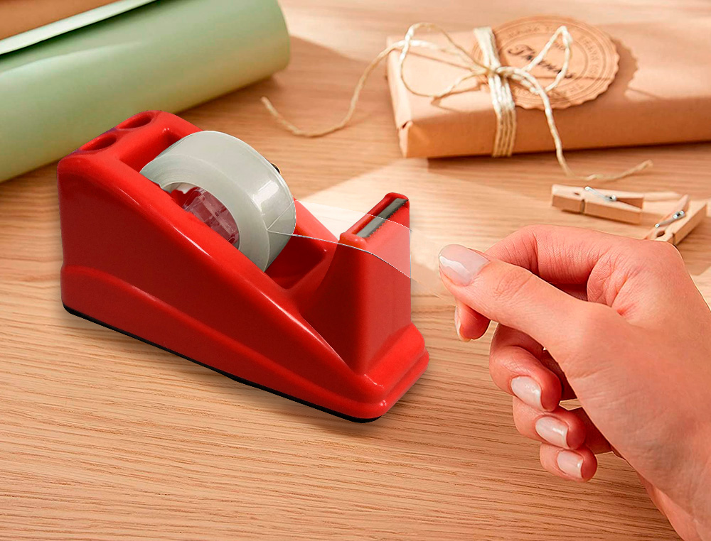 DEVIDOIR DE COMPTOIR DE RUBAN ADHESIF POUR ROULEAU DE 33M   135X58X60 MM COLORIS ROUGE